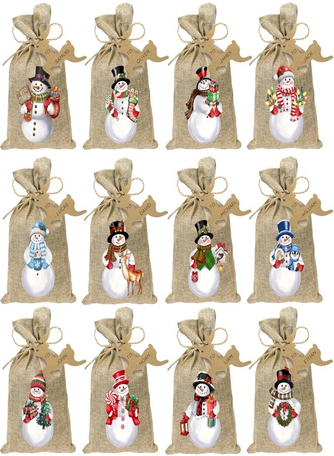 Fayoo 24Pcs Christmas Small Burlap Gift Bags with Drawstring, Xmas Snowman Treat Candy Bag with Tags Holiday Goody Gift Bags Reusable Linen Gift Wrapping Bags for Christmas Party Favors (12 Designs, 7 x 5 Inch) - Image 1